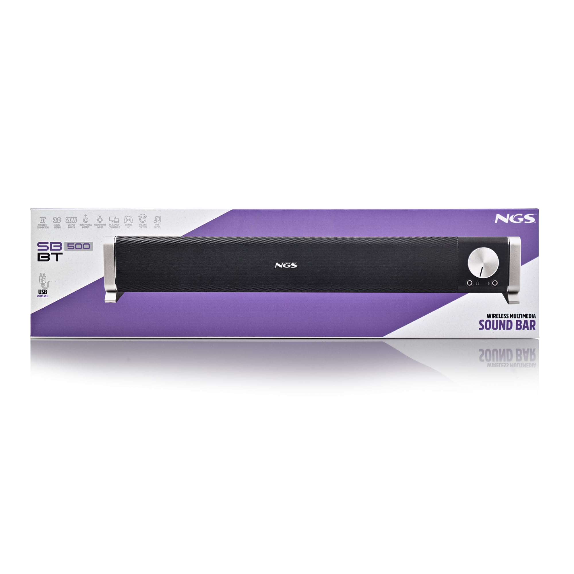 NGS SB500 BT - Barre de Son Bluetooth 20 W pour PC, TV, Tablette et Mobile, stéréo, USB, Prise 3,5 mm, entrée Micro, Sortie Casque, Plug & Play