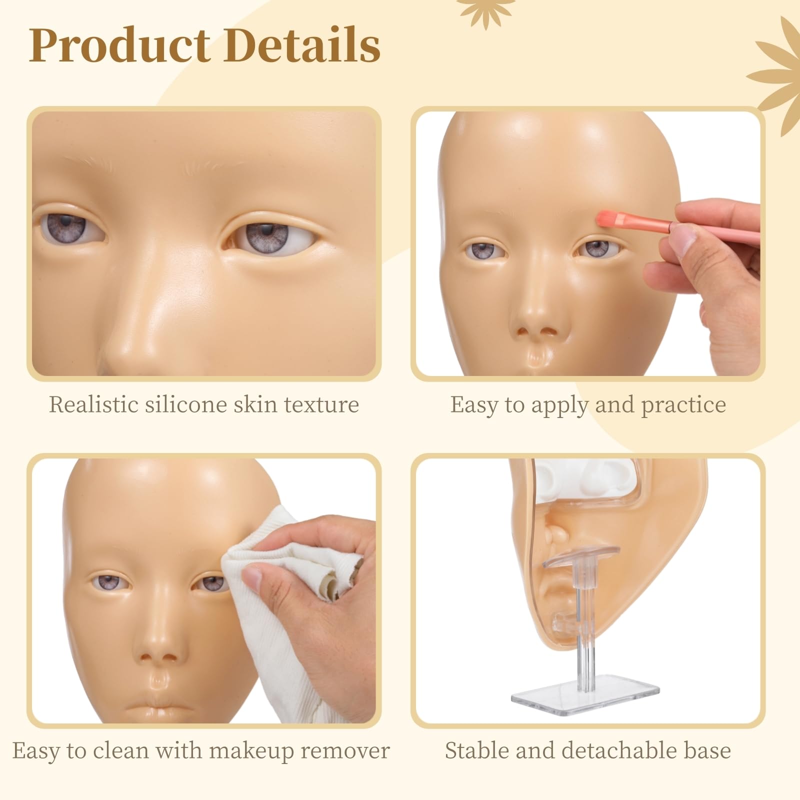 Kit visage de pratique maquillage, visage mannequin en silicone avec support, palette fards à paupières 7 couleurs, 8 pinceaux de maquillage, kit complet pour débutants, pour progresser