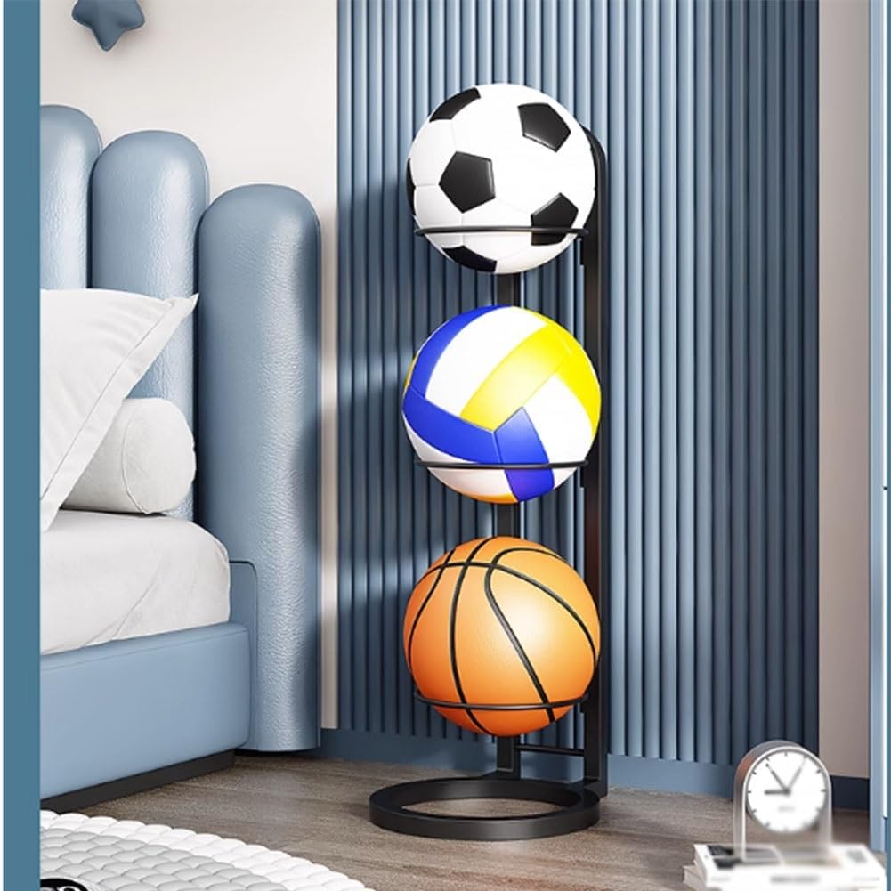 Sports Ball Storage Rack - Basketball, Soccer, Football, Volleyball Organizer, Garage Ball Holder Stand - Durable Black, 23.5x73cm - Ideal for Home & Gym Use