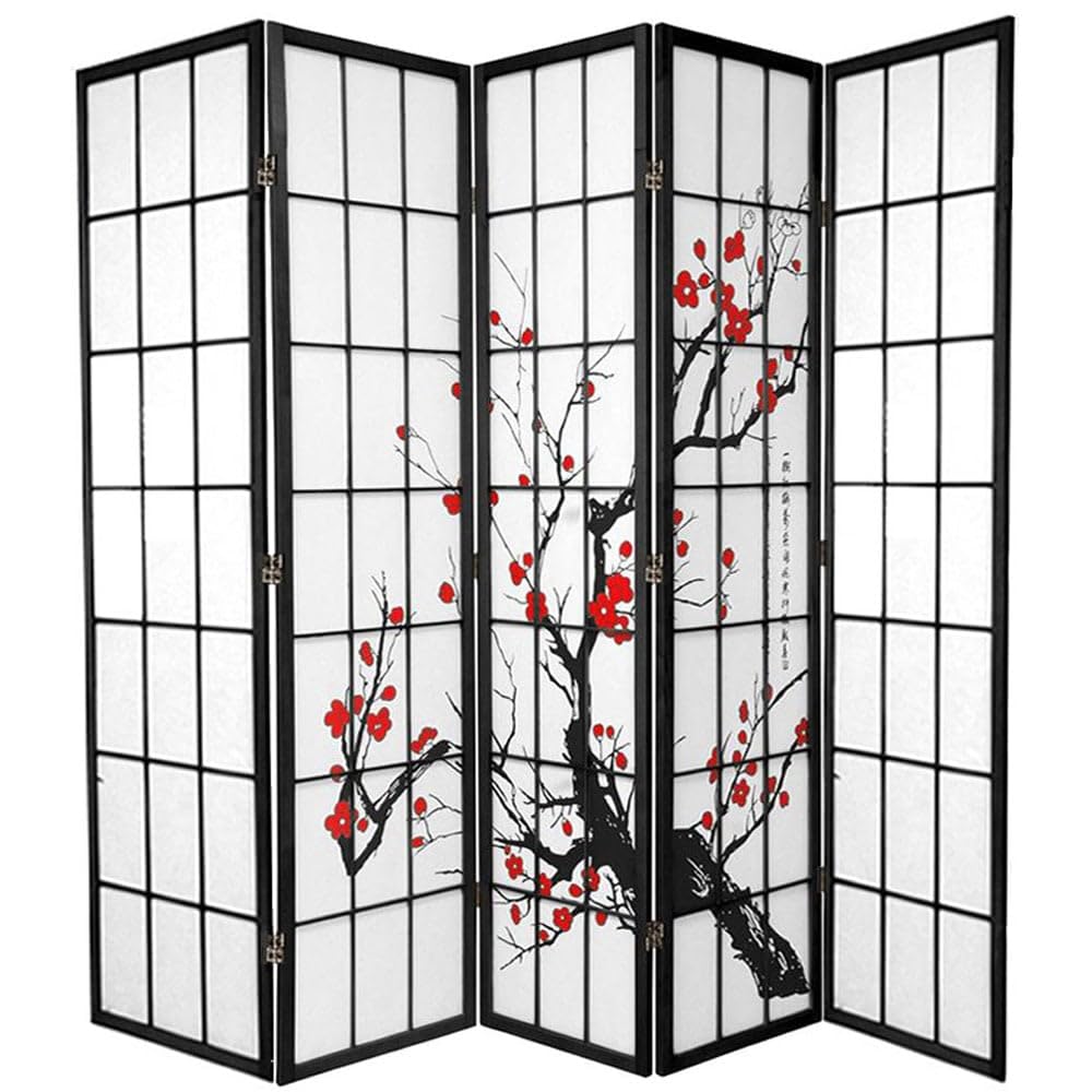 Fine Asianliving Paravent Japonais Shoji L225xH180cm 5 Panneaux Paper de Riz - Fleurs de Cerisier Séparateur de pièce Oriental Asiatique Cloison de Séparation