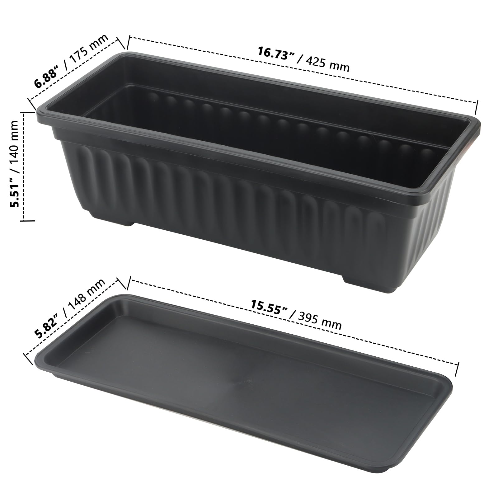 ZOENHOU Lot de 6 jardinières rectangulaires en plastique de 43 cm avec plateaux et 30 étiquettes vertes pour rebord de fenêtre, terrasse, jardin, décoration d'intérieur, porche, noir
