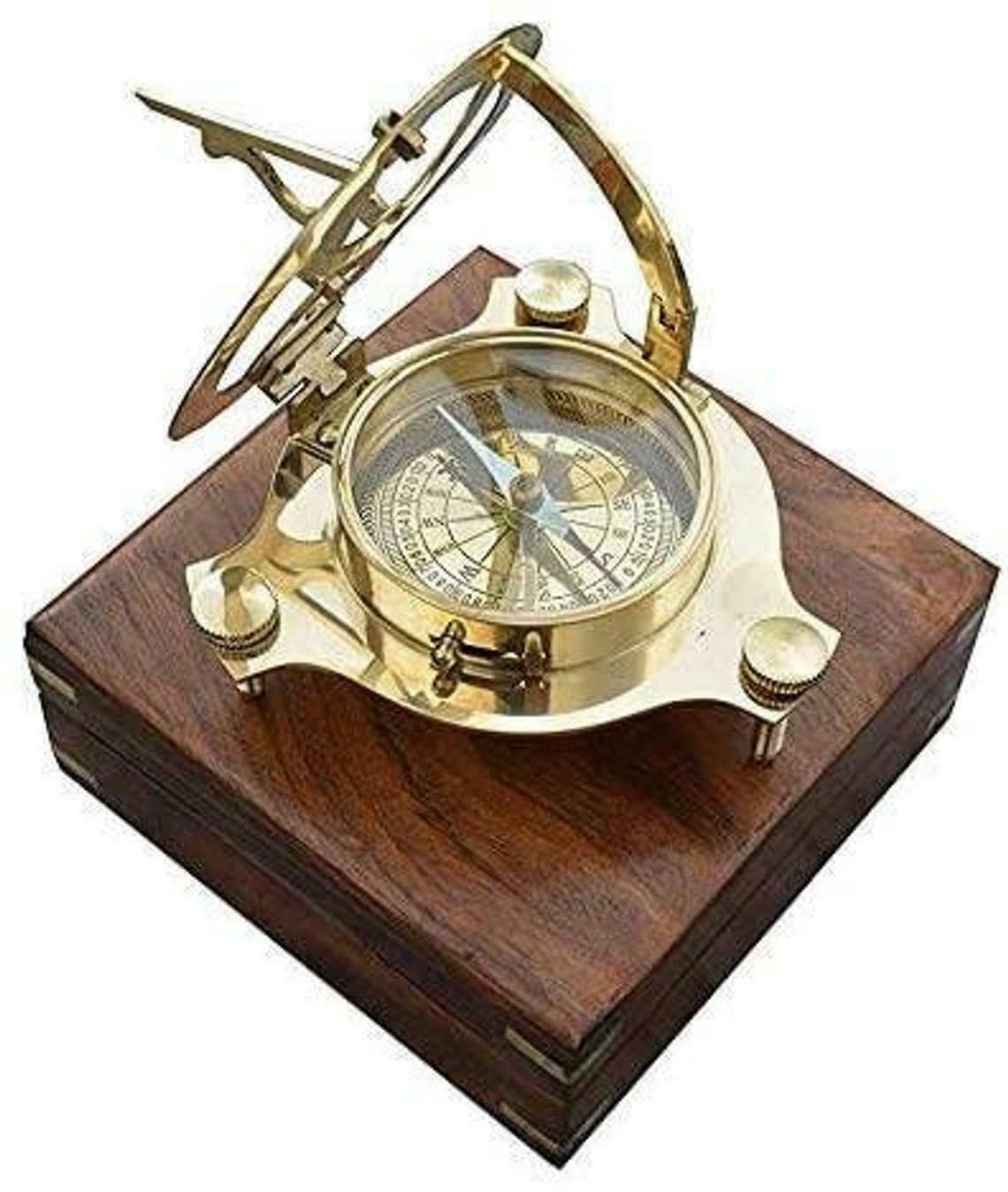 Marina Cadran solaire boussole avec boîte en bois Décoration antique Cadeau maritime