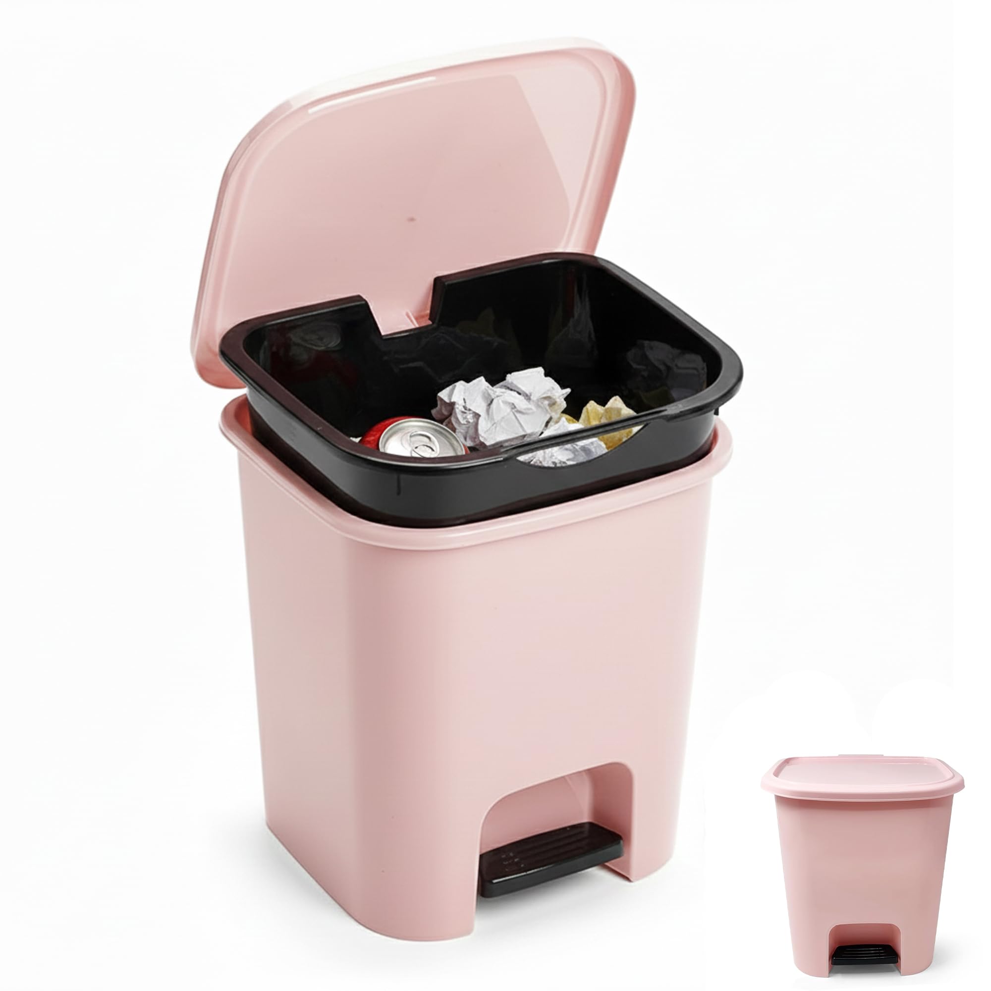 plastific Foot Pedal Bin Dustbin Rubbish Paper Waste Kitchen Office Plastic Bins (Pink with Removable Inner Bucket, 7.5L)