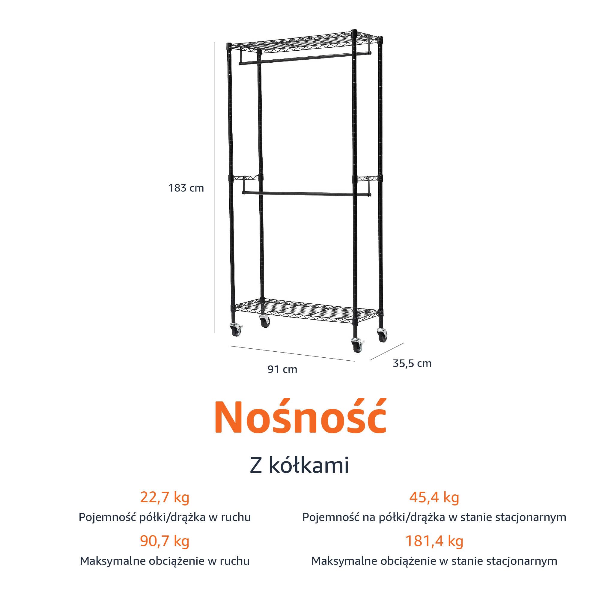 Amazon Basics Regulowany wieszak na ubrania z dwoma drążkami, stojak, organizer na kółkach, czarny, 91 x 35,5 x 183 cm