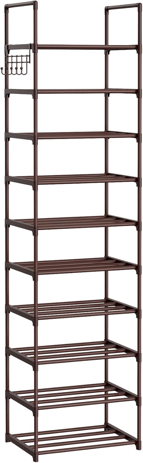 Tall 10 Tier Shoe Rack - 20-24 Pair Storage, Sturdy Metal Shoe Organizer with Hooks for Closet, Entryway, Brown