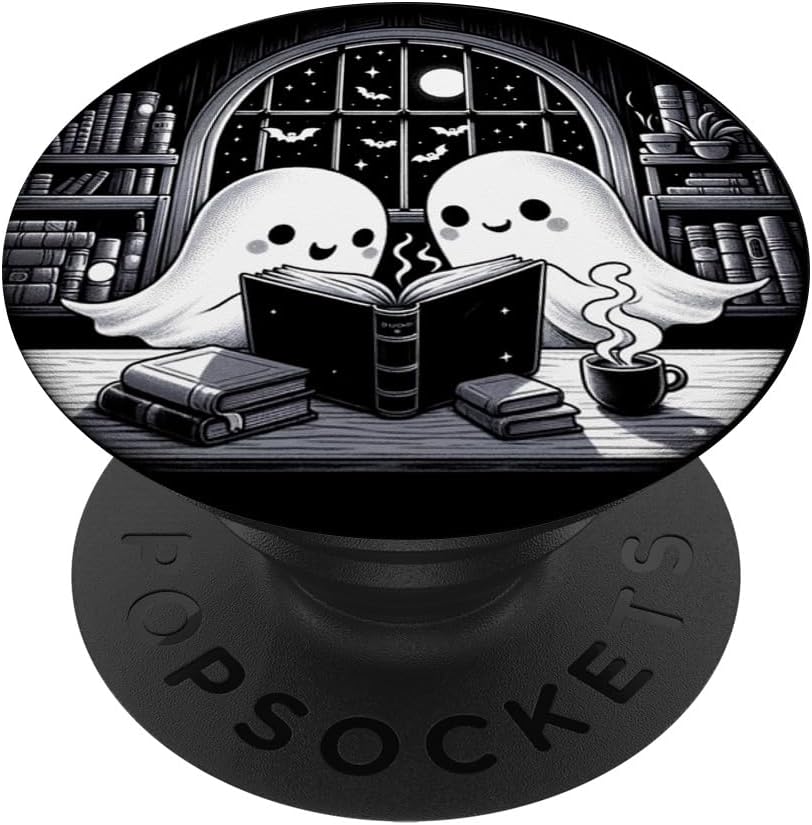 Spooky Ghost Reading Books In A Library Illustration Art PopSockets MagSafe PopGrip for iPhone