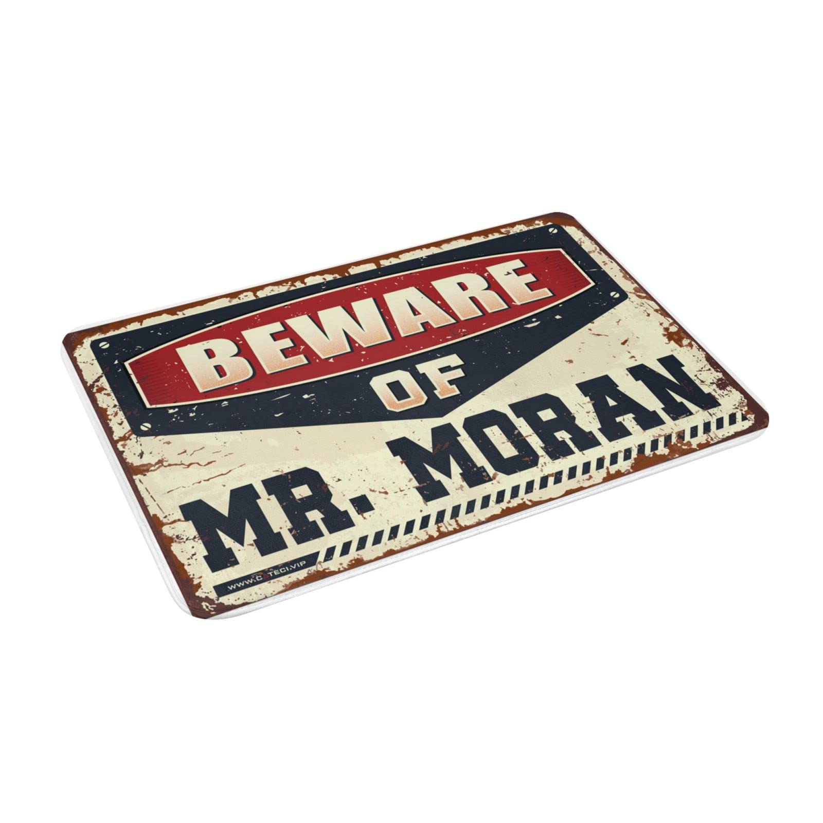 Felpudo para puerta delantera, diseño con texto en inglés "Beware of Mr. Moran", tapete grande de bienvenida, decoración de habitación al aire libre para hombres (tamaño: 65 x 90 cm)