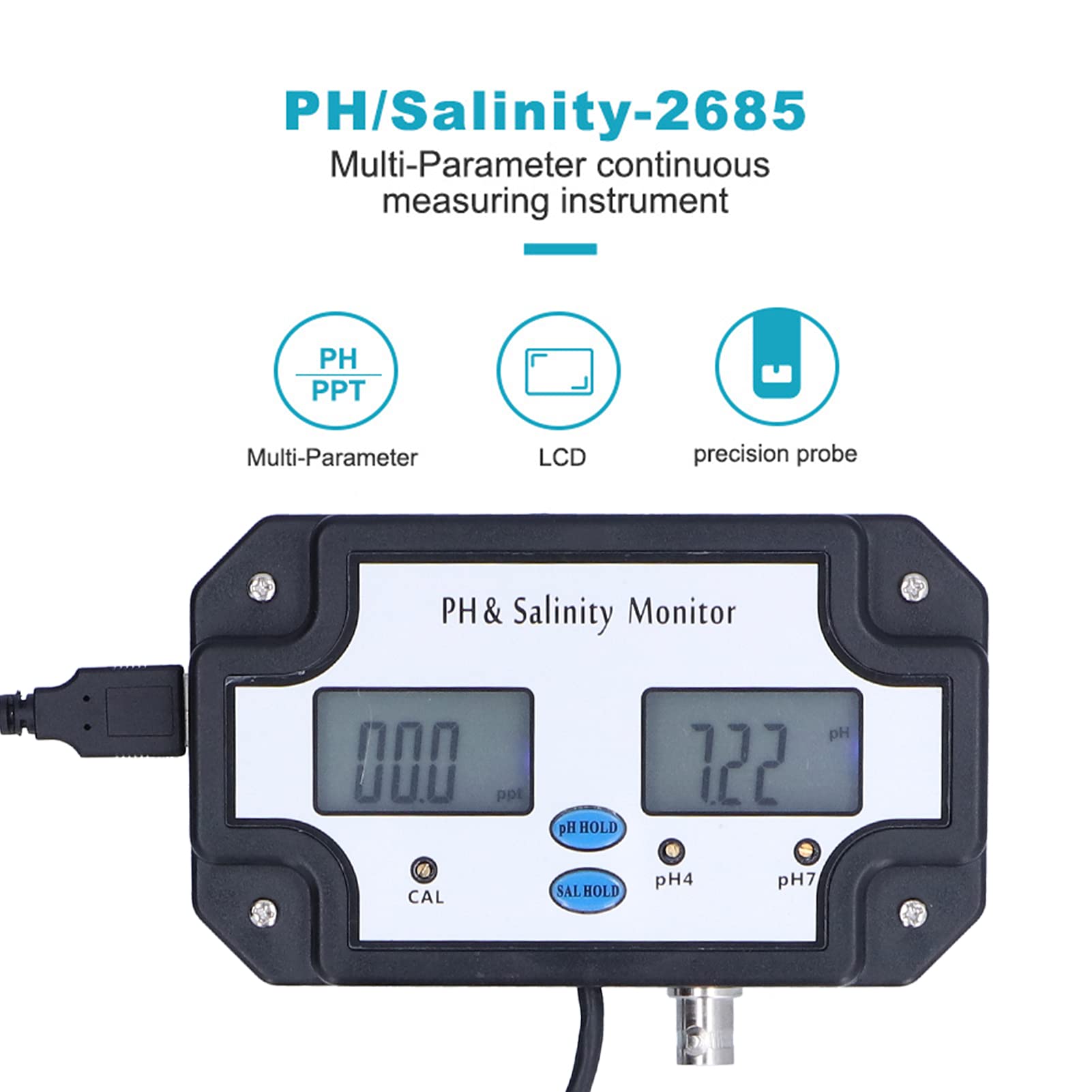Alvinlite Tester della qualità dell'Acqua, Monitor idroponico Professionale PH‑2685 DC 6V Mini ATC per salinità PH ad Alta precisione(230V)
