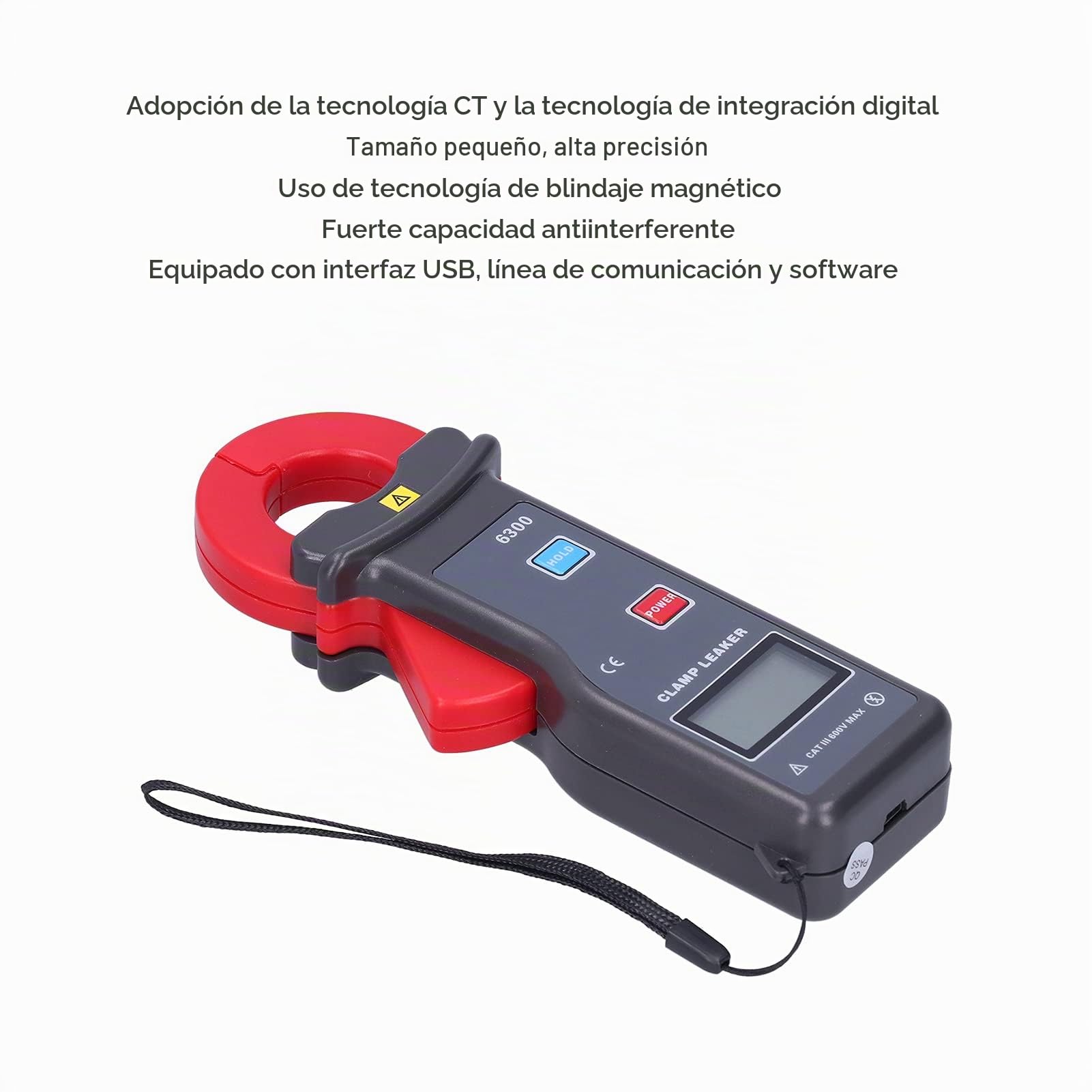 Pinza ca amperimétrica de 0 mA a 60 A con comunicación USB para medir corriente de fuga de CA