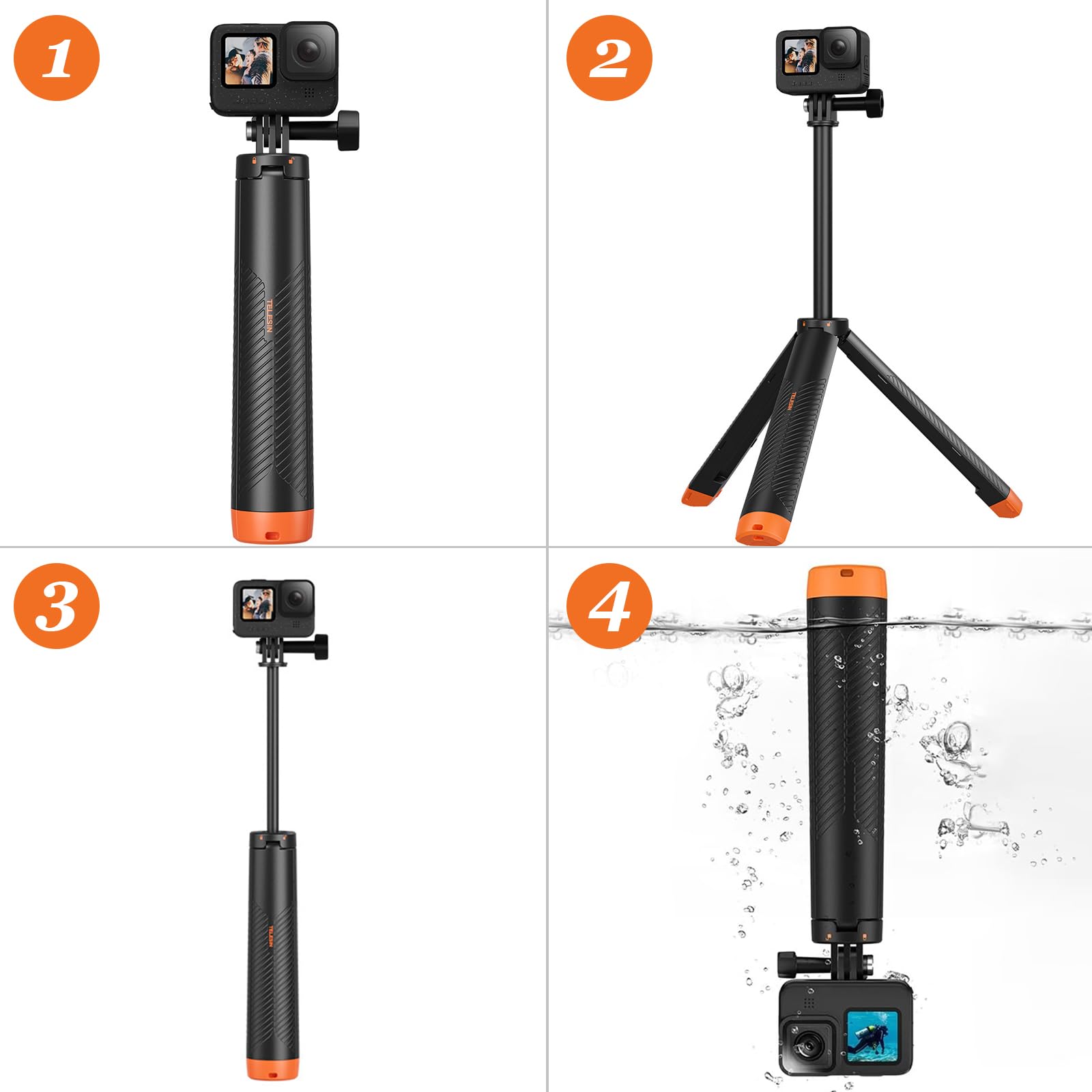 Treppiede per selfie 4 in 1 per Action Cam, impermeabile, estraibile, per GoPro Hero 13/12/11/10/9/8/7/Max, DJI Action 5 Pro/4/3 e Insta360 altre Action camere