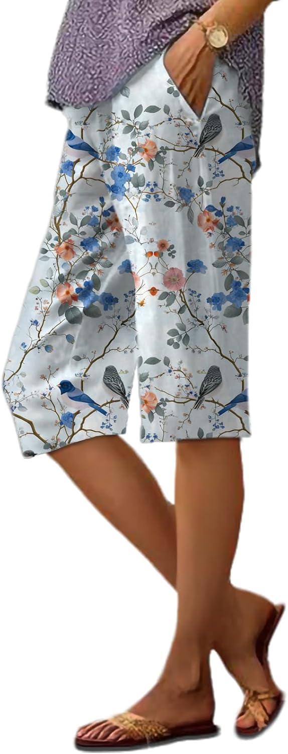 Summer Shorts for Women 2025 Vintage Floral Business Casual High Waisted Elastic Waist Wide Leg Pants