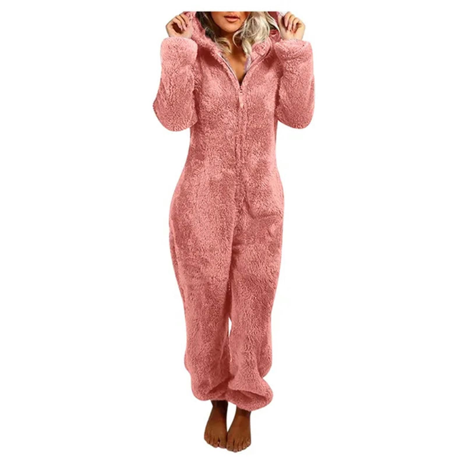 MdybF Onesies dla kobiet zimowa ciepła piżama damskie śpioszki z kapturem puszyste polarowe kombinezony bielizna nocna