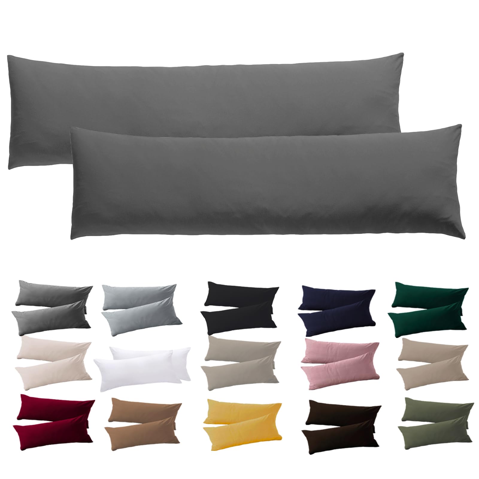 Soifox Seitenschläferkissen Bezug 40 x 145 - 2er Set Anthrazit Kissenbezug mit Reißverschluss 100% Mikrofaser Resistent und Hypoallergen Kissenbezüge für Seitenschläferkissen