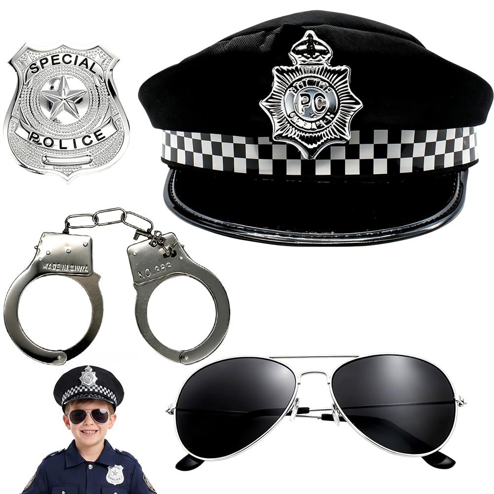 HATFRYF Kids Police Fancy Dress Set,Kids Police Costume Set, 4 Pack Costume Accessories Including Policeman Hat, Handcuffs, Police Badge, Sunglasses, Cosplay Dress up Halloween Theme Party-4Pcs — image 1