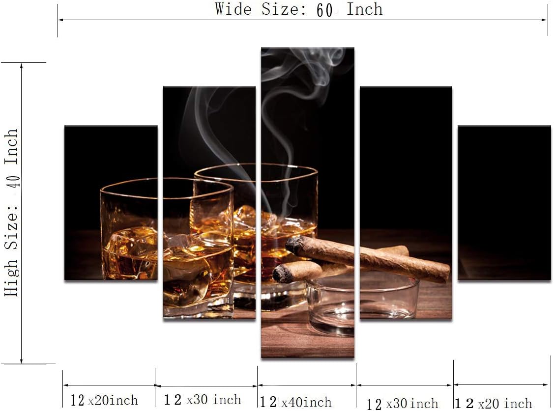 Canvas Wall Art Cigar and Wine Painting Glass of Wine Whiskey Cigarette Picture 5 Panels Liquor Still Life Posters Prints Wood Artwork Home Decor for Kitchen Bar Pub Framed (60''Wx40''H)
