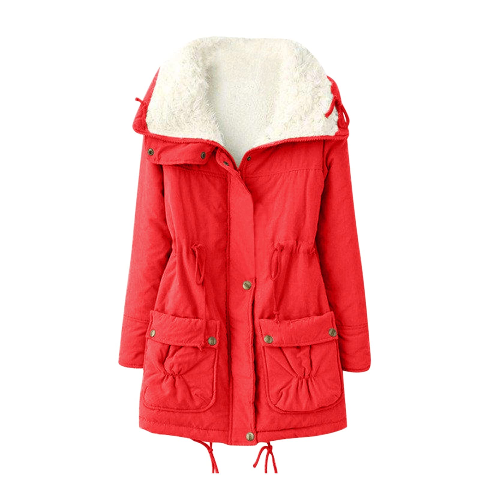 Chaqueta de invierno para mujer – Parka de invierno larga de pelo de peluche cálido forrado, cuello alto, sin capucha, chaqueta acolchada, abrigo con bolsillo, cintura con cordón, S - 3XL