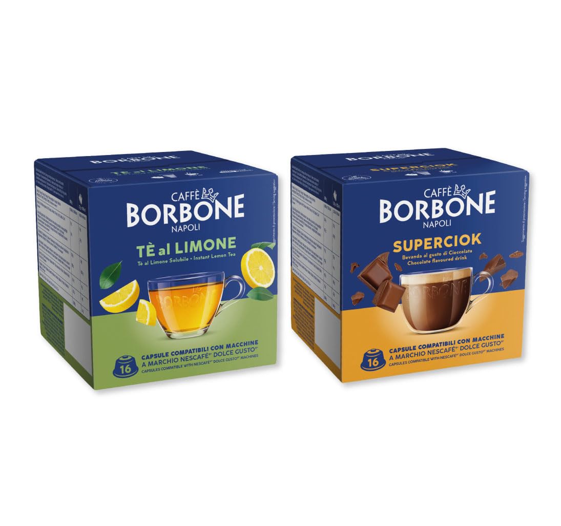 CAFFÈ BORBONE 128 cápsulas para máquinas Dolce Gusto® - Kit surtido: 64 cápsulas de bebida con sabor a chocolate (4 paquetes de 16) + 64 cápsulas de té con limón (4 paquetes de 16)