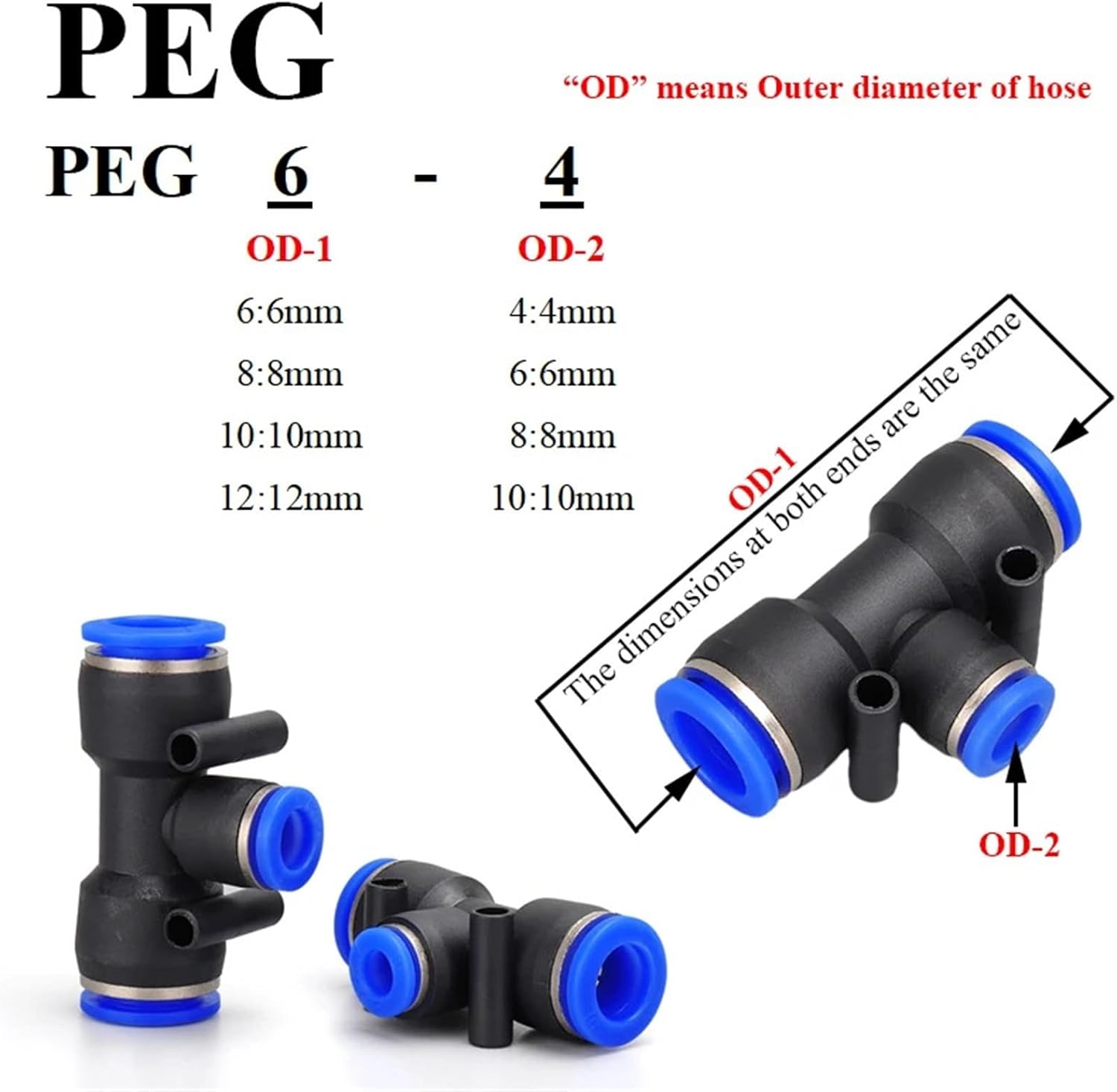 PG PEG PW Plastic Reducer Pneumatic Fittings Push Release Connector 4mm 6mm 8mm 10mm 12mm Hose 1Pcs(PEG,8-6)