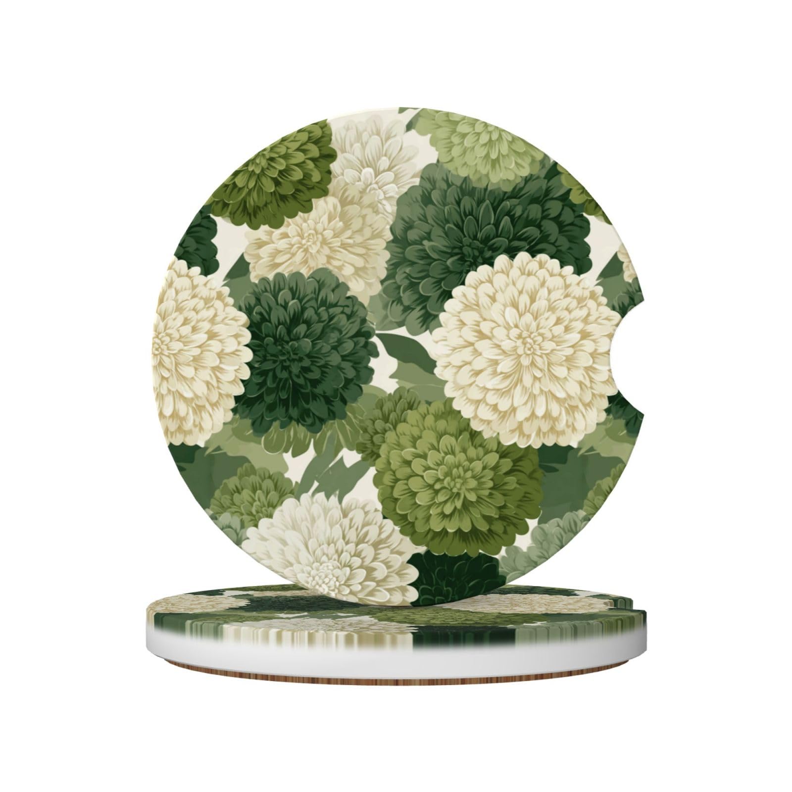 Sage Green Dahlia Flowers Botanical Motifs Ceramic Coasters,2pcs