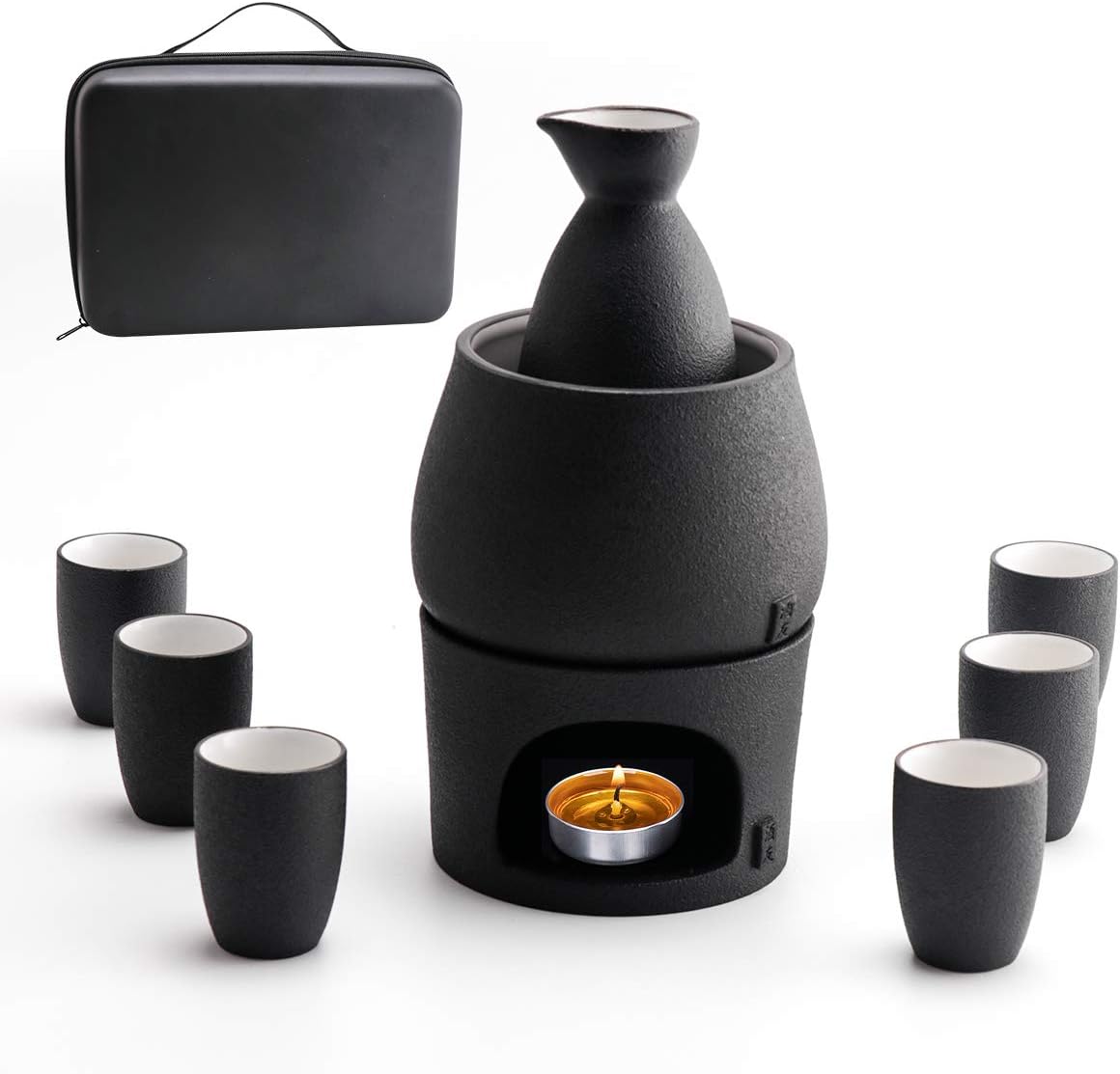 Sake Set and Cups with Warmer Keep Sake Storage Gift Box, Traditional Porcelain Japanese Pottery Hot Saki Drink, 9pcs Include 1 Stove 1 Warming Bowl 1 Sake Bottle 6 Cup (Black)