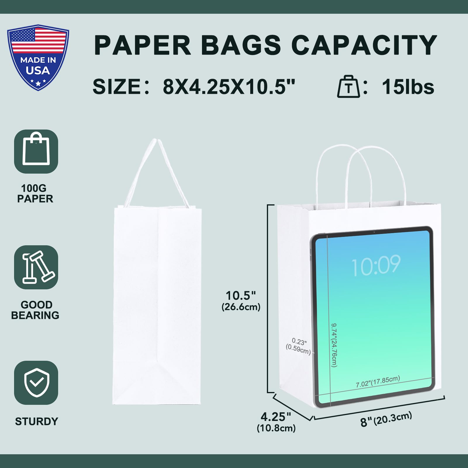 METRONIC White Paper Bags 8X4.25X10.5 20Pcs, Gift Wrap Bags with Handles, Kraft Paper Bag for Small Business, Heavy Duty Bulk Bag for Birthday Party Favors, Shopping,Take-out,Retail