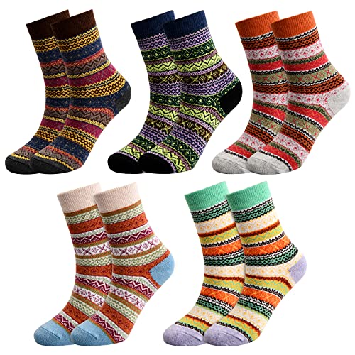 Cozlly 5 Paar Winter Damen Socken, Bunte Gemusterte Dicke Stricksocken, Damen Winter Warme Socken, Damen Wintersocken, Baumwollsocken Thermosocken Frauen Socken, Weihnachten Geschenk, EU 36-42 (B)