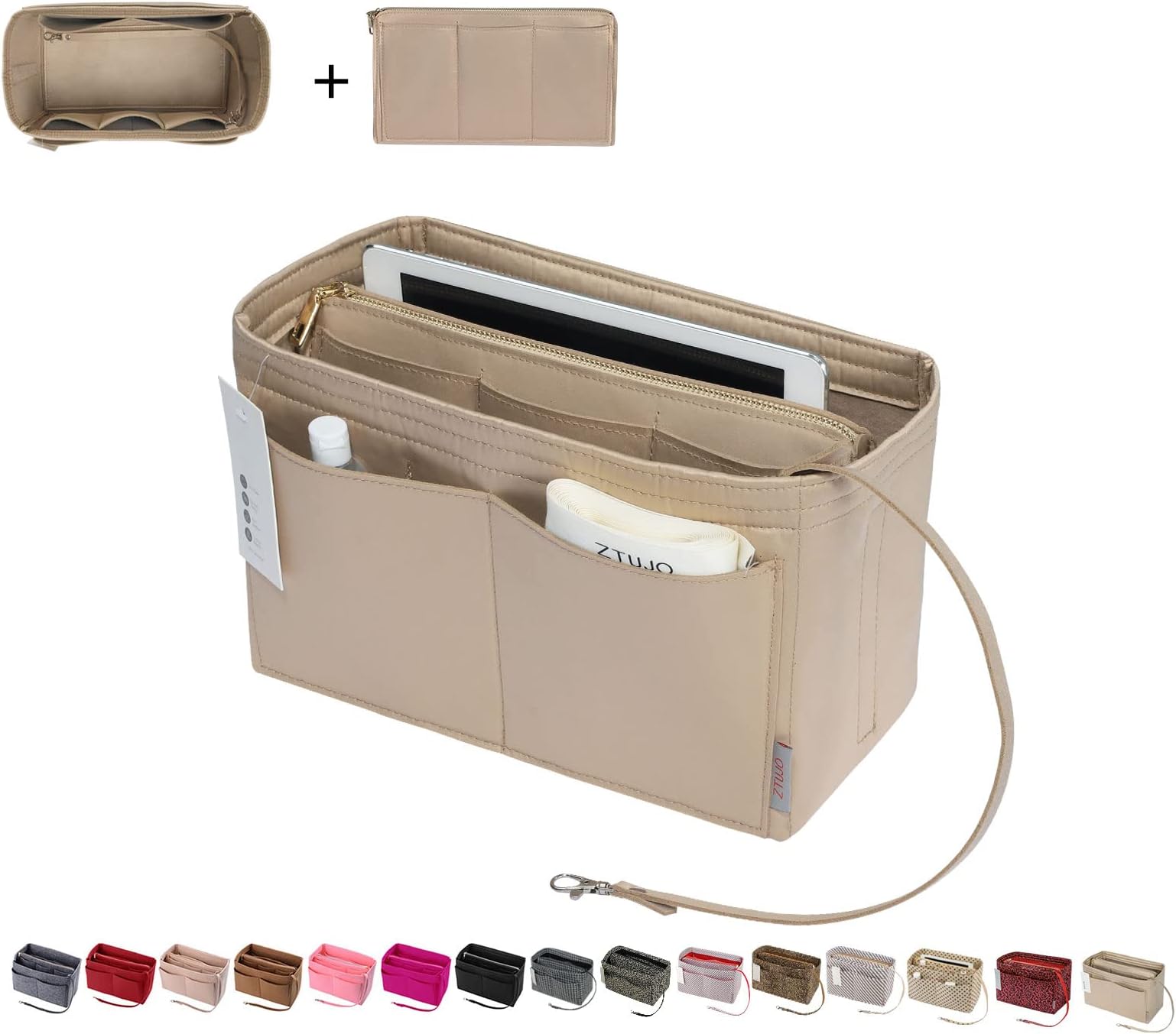 ZTUJOZTUJO Purse Organizer Insert, Felt Bag organizer with zipper, Handbag & Tote Shaper, For Speedy Neverfull Tote, 6 Sizes (Small, Silky Beige)