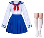 Japanese School Girls Uniform Sailor Navy Blue Pleated Skirt Anime Cosplay Costumes with Socks Set(SSF13)