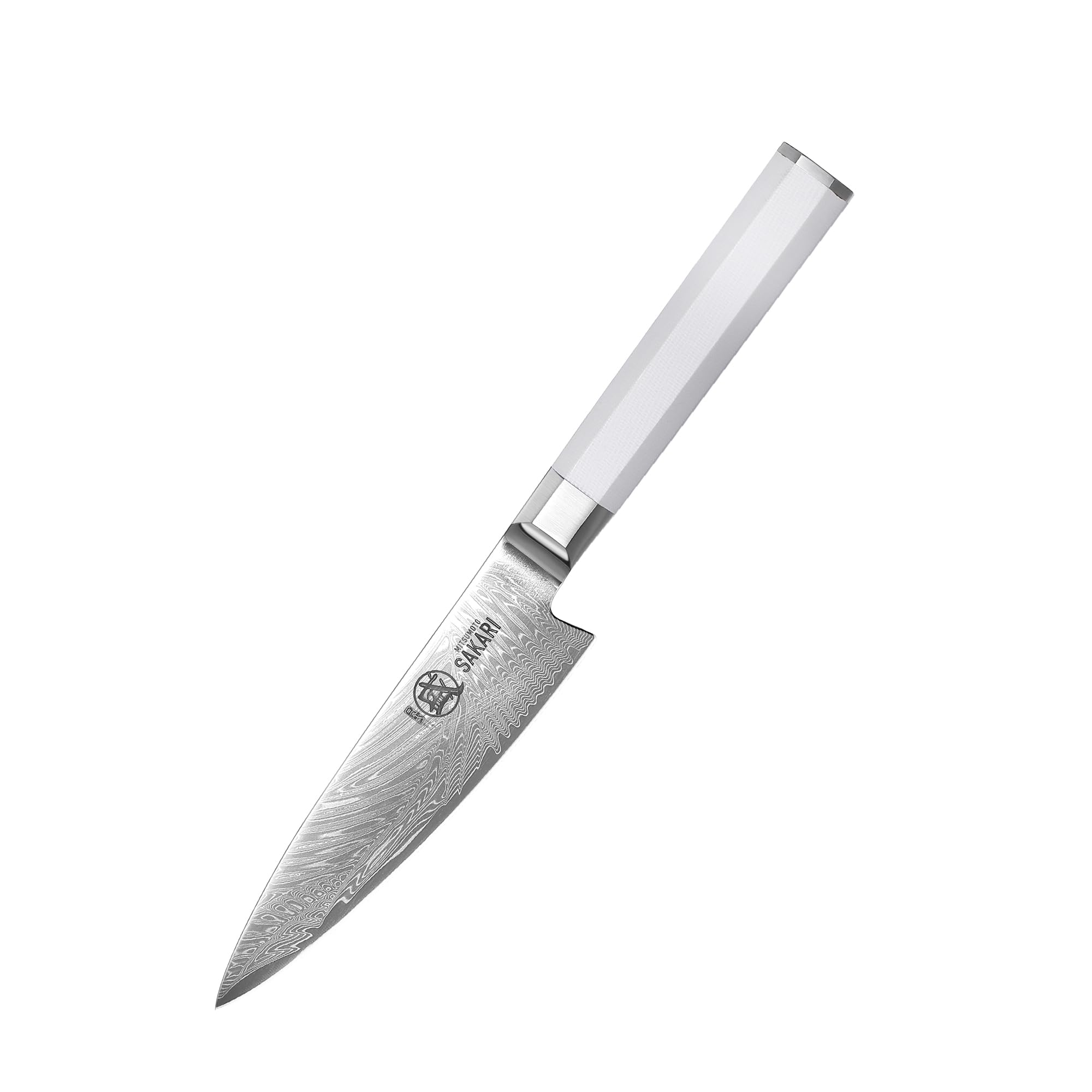 MITSUMOTO SAKARI Cuchillos Pelar Profesional Japoneses, 14 cm Cuchillo Chef | Cuchillo para Fruta de Acero en Polvo VG con Acabado, Cuchillos de Espiga Completa, Mango G10 Blanco, Estuche de Sándalo