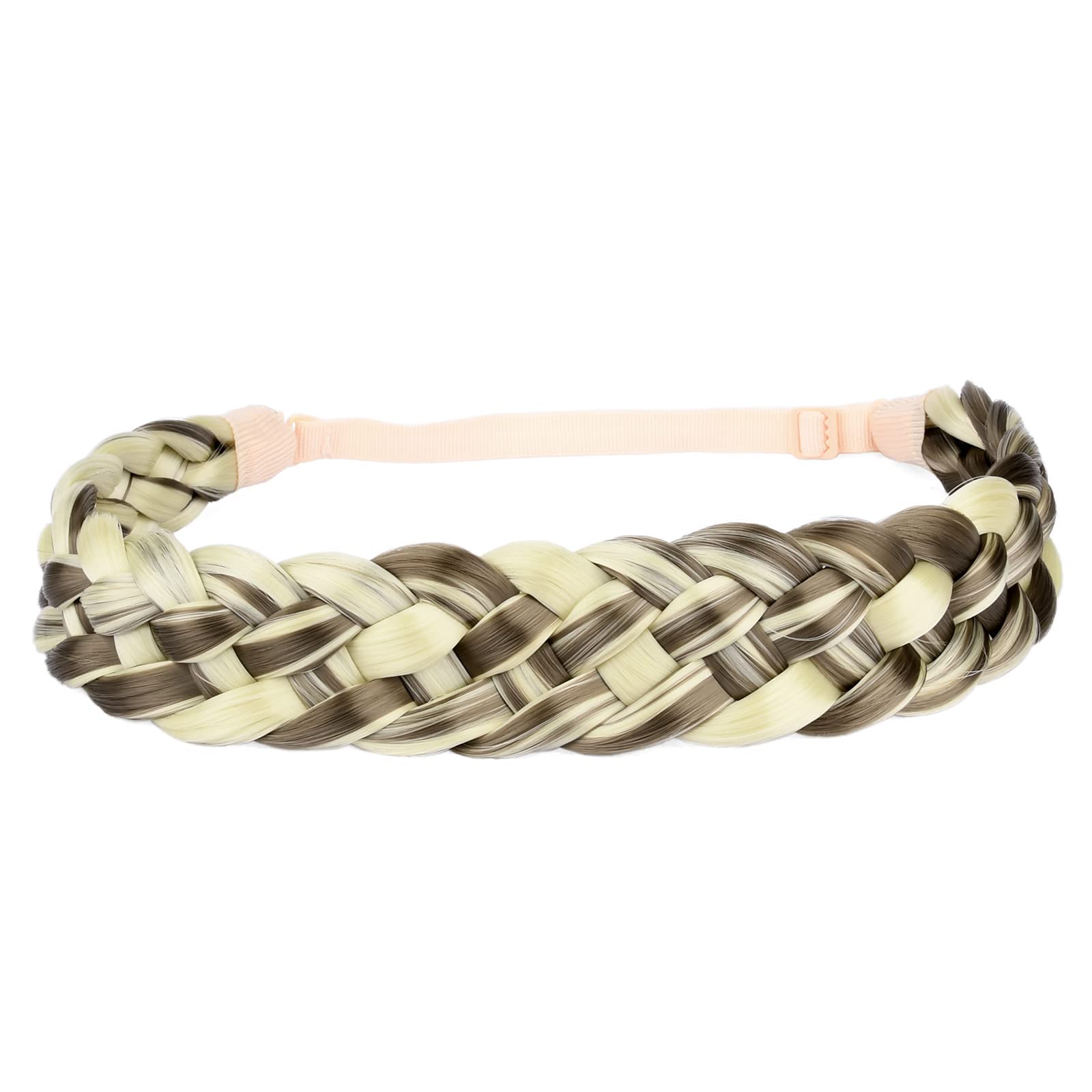 BOBIYA 5 Strands Synthetic Hair Braided Headband Classic Chunky Wide Plaited Braids Elastic Stretch Hairpiece for Women Girl (Light Highlighted)