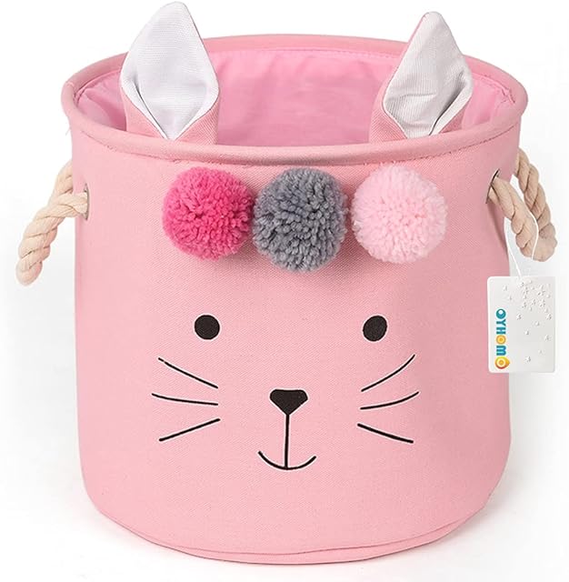 OYHOMO Kids Storage Basket Foldable Animal Storage Bins Fabric Toy Box Organizer with Drawstring for Baby Nursery, 11.8 inches (Pink)
