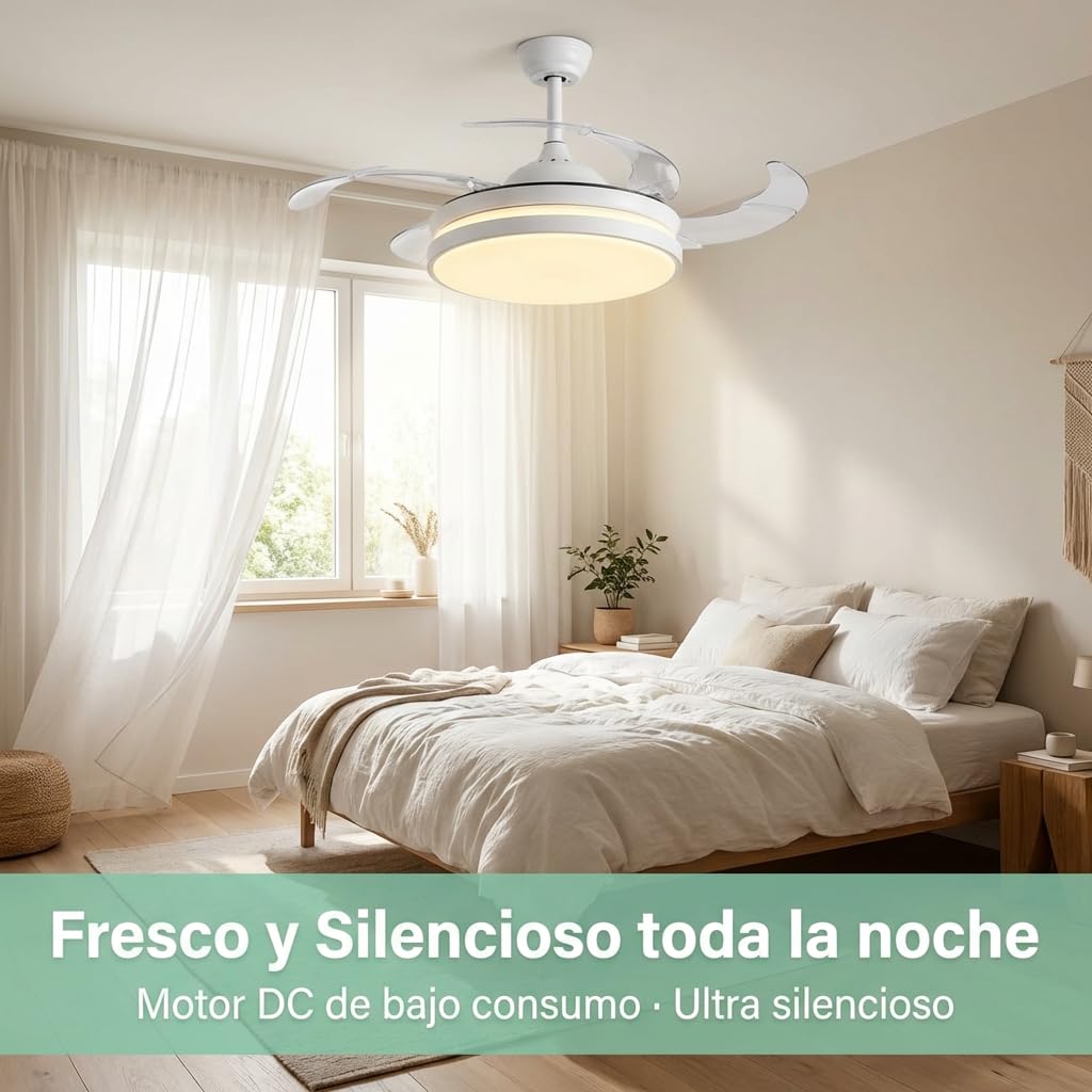 Don Feliz Ventilador de techo con luz LED con 4 Aspas Retráctiles, 3 modos de luz, control por mando y app, lampara de techo con ventilar luz LED regulable 55W, Motor DC