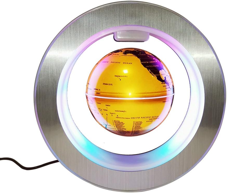 Floating Globe with Colored LED Lights Anti Gravity Magnetic Levitation Rotating World Map for Children Gift Home Office Desk Decoration (Round Gold)