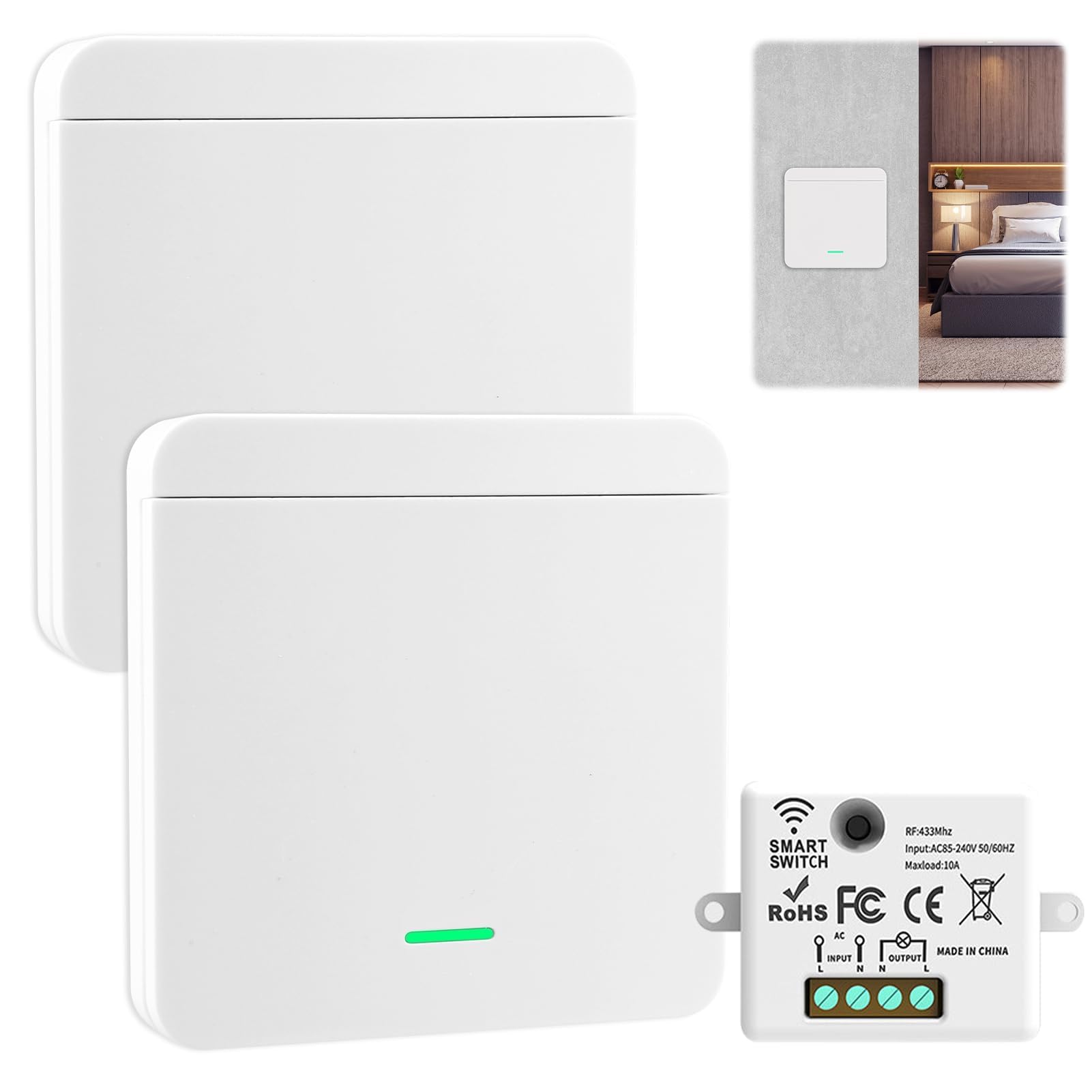 Kit de 2 Interruptores de Luz Inalámbrico con 2 Interruptor y 1 Receptor 10A 230V 433MHz Interruptor de Pared Inalámbricos para Lámparas Interior y Exterior (2 Interruptor y 1 Receptor)
