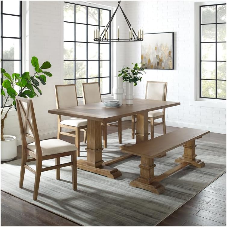 HomeStock Modern Marvel 6-Piece Dining Set - Dining Table, 4 Chairs & 1 Bench, Rustic Brown/Creme Finish, Creme Linen Upholstered Chairs, Rustic Dining Room Furniture, Modern Dining Set