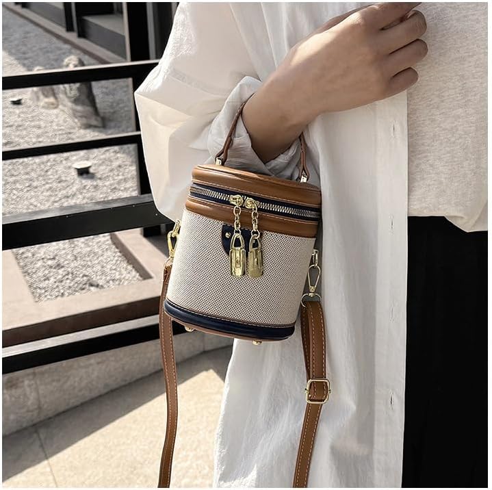 Retro Bucket Bag Color Contrast Cylinder Purse Senior Sense Style Single Shoulder Crossbody Handbag with Zipper - Image 2
