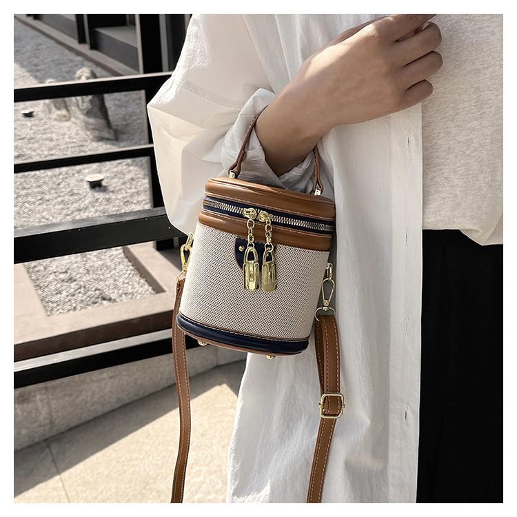 Retro Bucket Bag Color Contrast Cylinder Purse Senior Sense Style Single Shoulder Crossbody Handbag with Zipper4