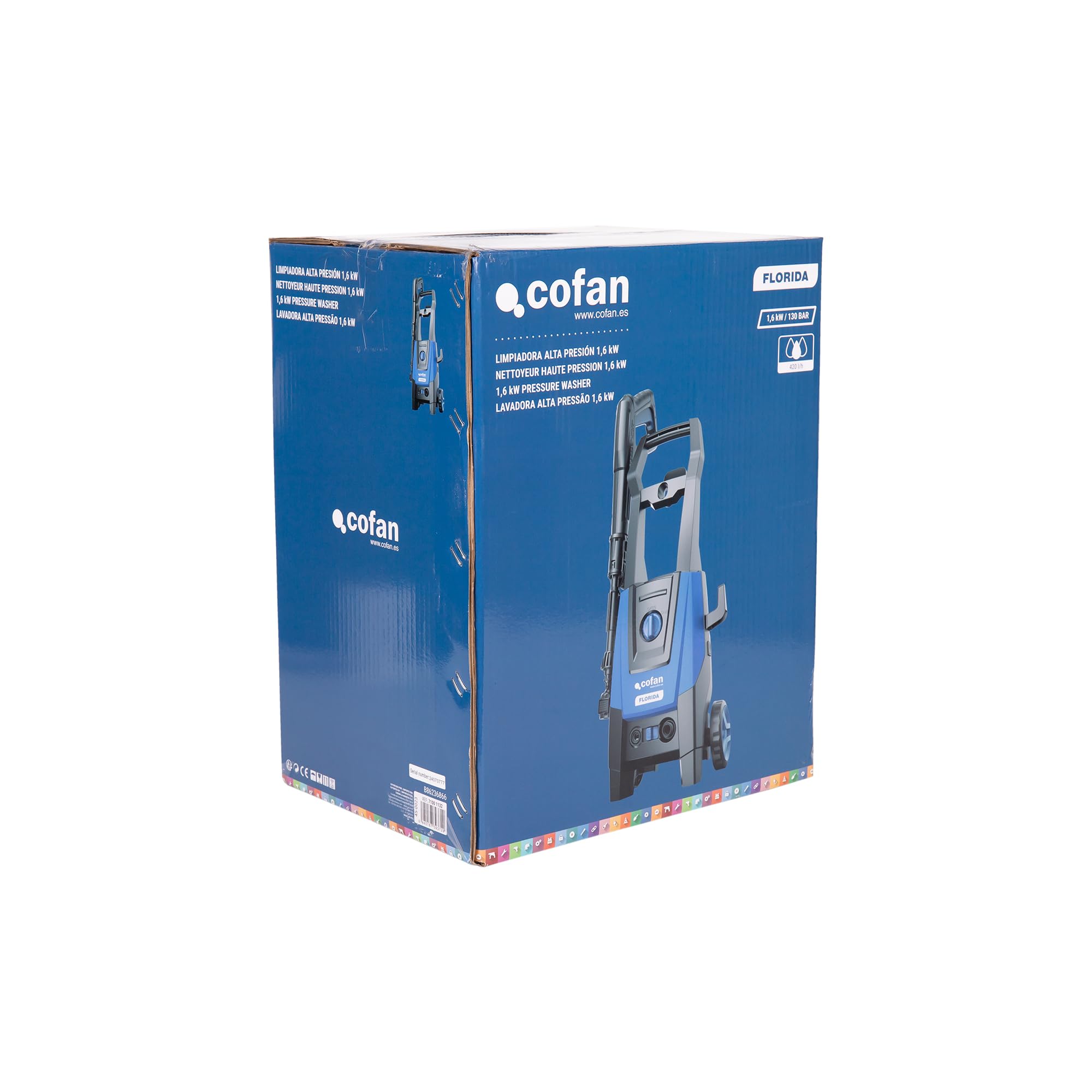 Cofan Limpiadora de Alta presión | 1600 W | Caudal máximo 420 l/h | Presión máxima 130 Bares | Manguera de 5 Metros | Lanza Regulable