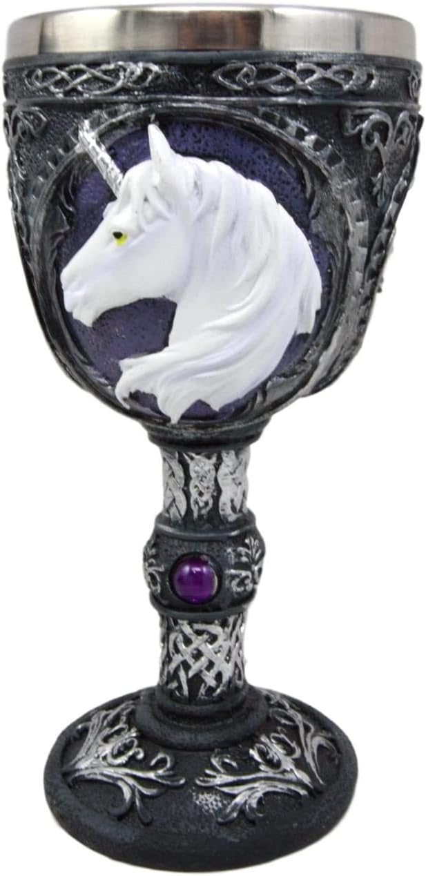 Ebros Gift Large Magical Sacred Purple Royal Gems White Unicorn Wine Of Purity Goblet Chalice Cup Figurine With Scroll Art And Celtic Knotwork Symbols 8oz Medieval Fantasy Party Beverage Serveware