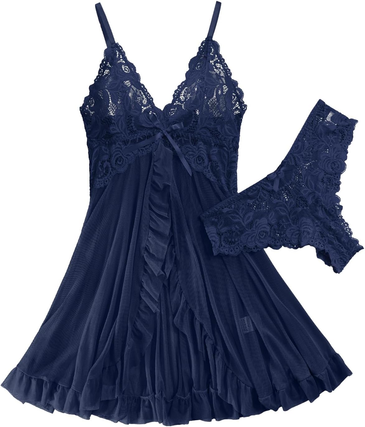 Sexy Open Front Ruffle Sheer Mesh Lace Wireless Babydoll Lingerie Dress with Thong 2 Piece