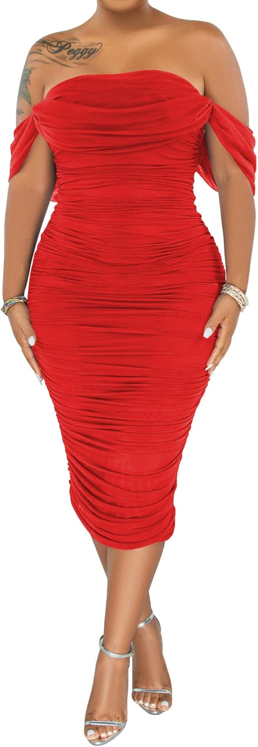 PINSV Women Ruched Off Shoulder Dress Bodycon Party Elegant Midi Dresses - Image 2
