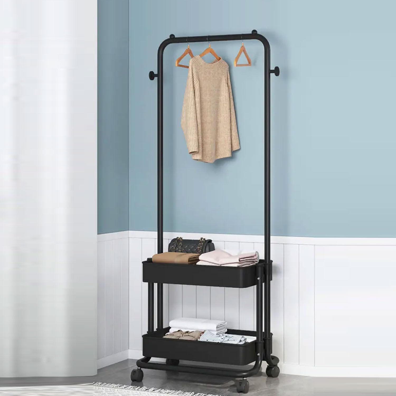 LEOPAX Metal 2-In 1 Coat Organizer Stand On Wheels, Double Basket Cloth Rail, Multifunctional Garment Stand For Hallway, Bedroom, Living Room, Bathroom - Black, 37.5 X 42 X 150 Cm (B0CP45RZ79) Amazon Price History, Amazon Price Tracker