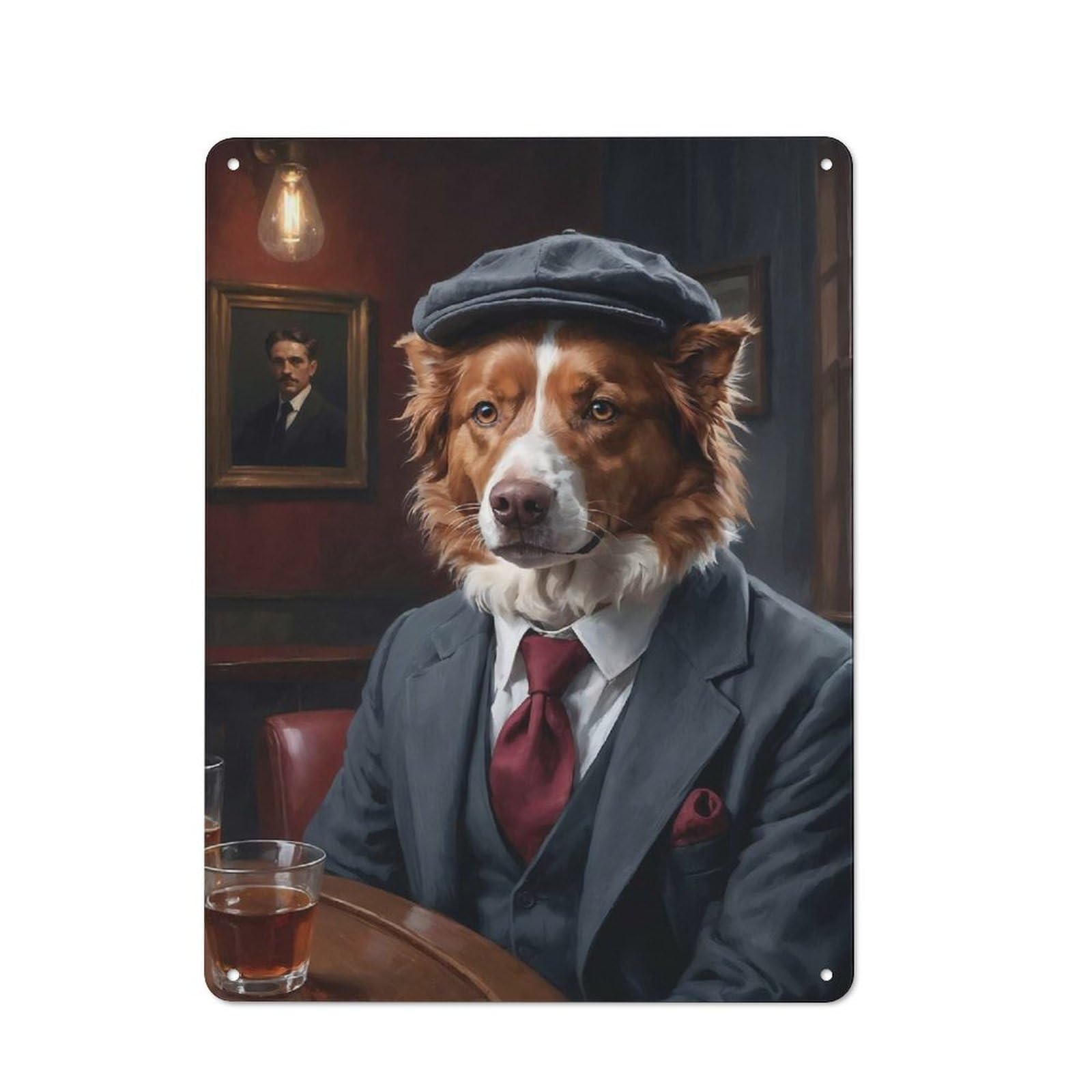 Junmoney Red Border Collie Dog In Suit At The Pub Rustic Metal Sign 40X30cm For Dining Room Or Kitchen, For Kitchen, Dining Room And Home Bar Wall Decor