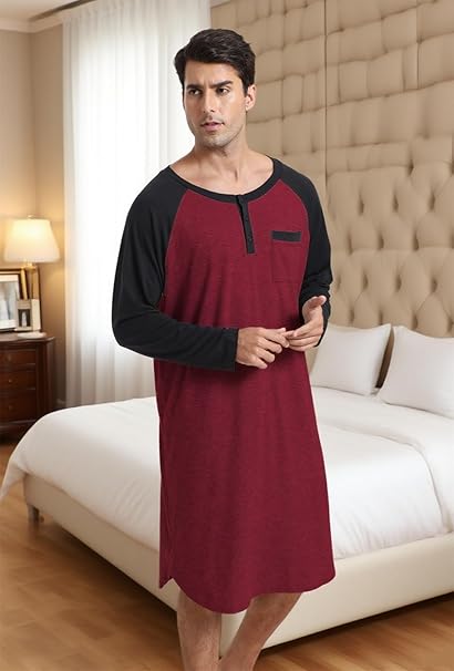 Enjoyoself Nachthemd voor heren, slaapshirt, katoen, lang, zacht, ademend, nachthemd, lange mouwen, nachthemd, ziekenhuis, slaapkleding om te ontspannen, donkerblauw en grijs, 4XL