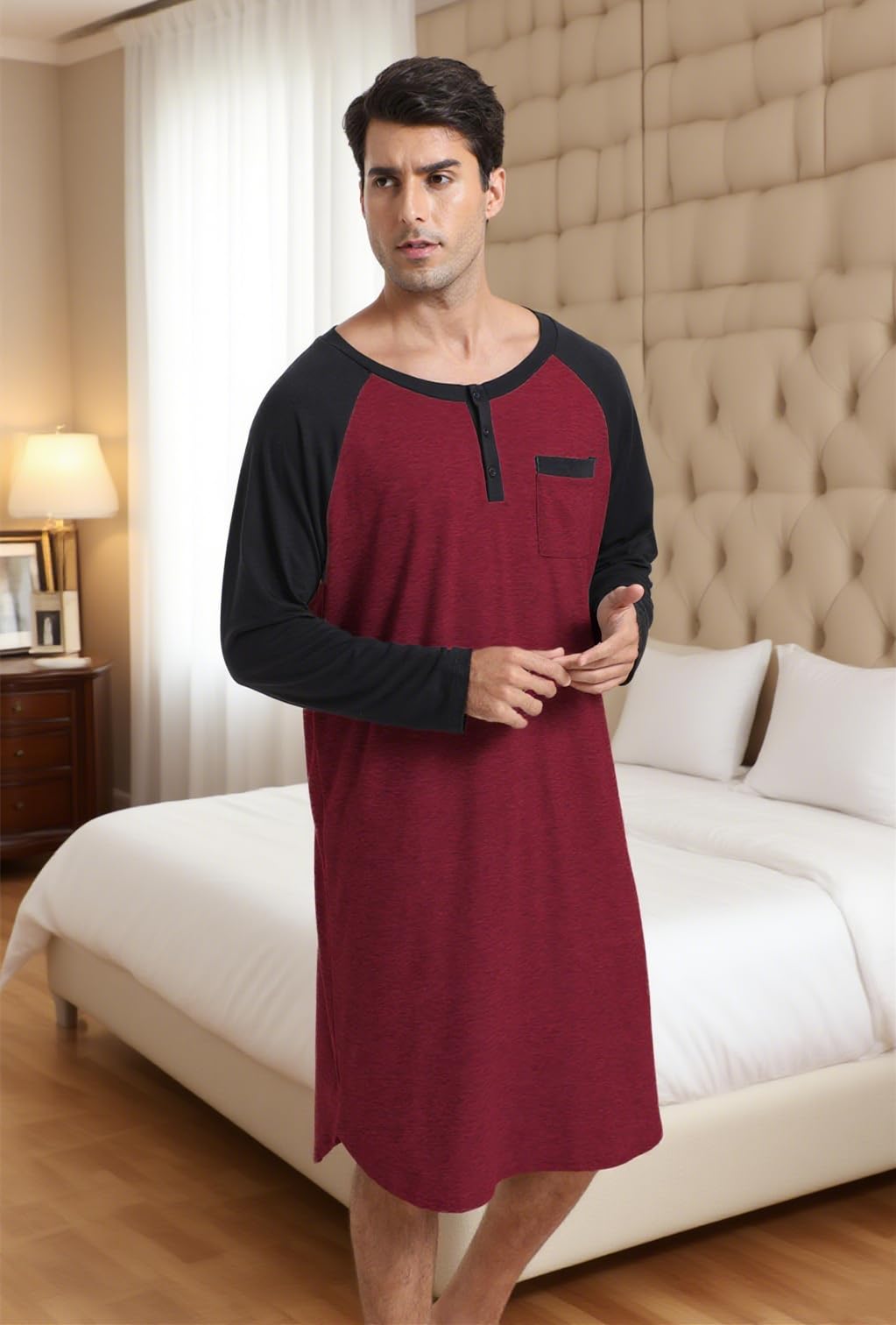Enjoyoself Chemise de Nuit Homme Hauts de Pyjama Tee-Shirt Longueur Genou Manches Longues Col V avec Boutons Vêtements d'Intérieur Douce Confortable Grande Taille M-4XL