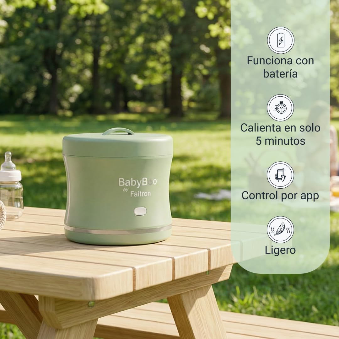 BABYBOO Calentador de biberón portátil - Calentador de biberón y alimentos para bebés con batería, control a través de aplicación, calentamiento rápido 70 W, anillo LED, hasta 45 °C, bandeja extraíble