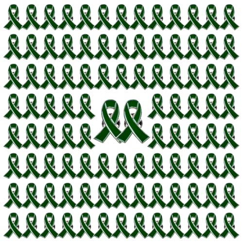 Image of WANDIC 100 Pcs Green Ribbon Pin, Mental Health Liver Cancer Bile Duct Cancer Environment Issue Awareness Ribbon Brooches Hope Faith Lapel Pin for Men Women Charity Event
