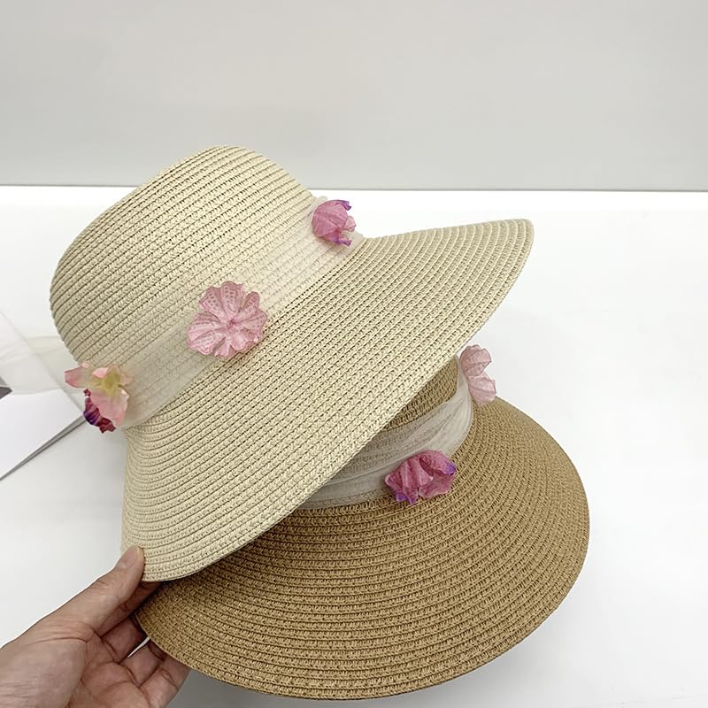 Sombrero de Verano para Mujer,con Protección UV,ala Ancha de Paja y Lazo de Tul Floral,Transpirable,para Playa,para Exteriores,Vacaciones y Viajes