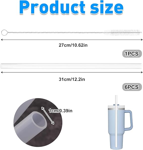 6-Pack Replacement Straws for 30oz/40oz Cups, Clear PE Straws with Cleaning Brush, Compatible with Stanley Quencher Tumblers