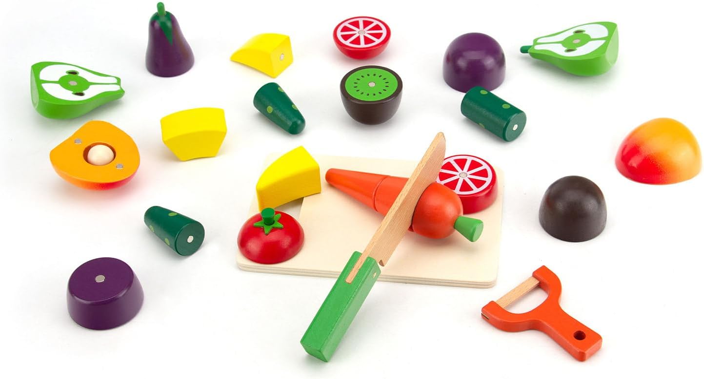 Wooden Play Food Sets for Kids Kitchen - Cutting Fruits and Veggies Toddler Toys Pretend Food Play Kitchen Accessories Montessori Educational Toys Gifts for Kids Boys Girls 3+